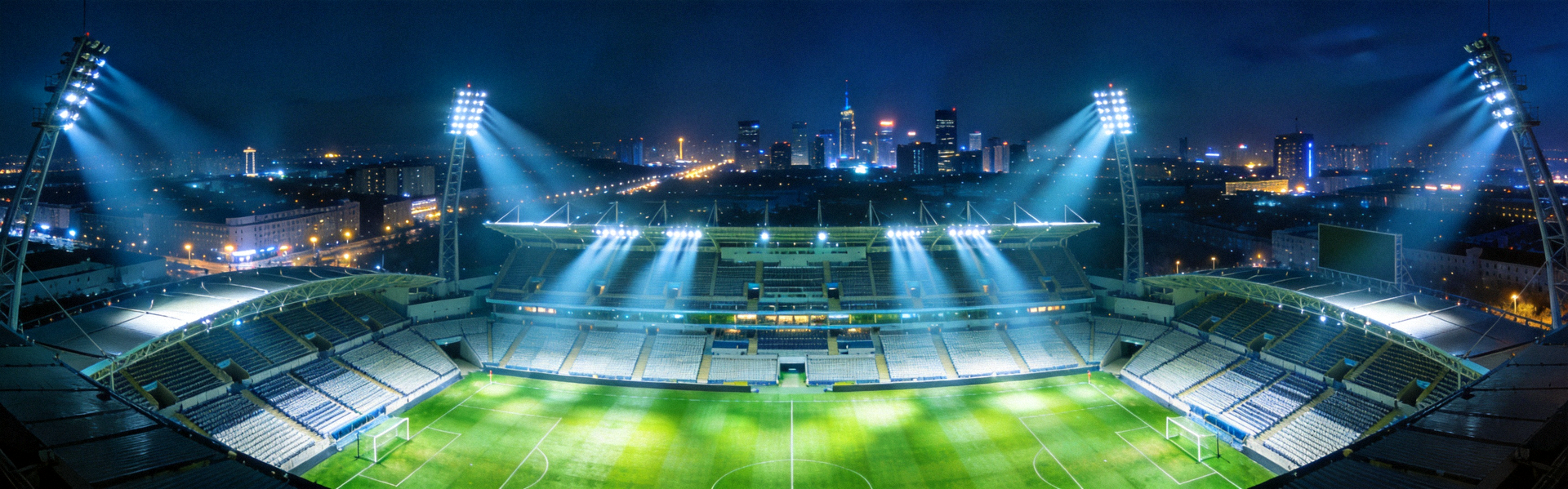 夜晚灯光照亮的足球体育场全景俯瞰图